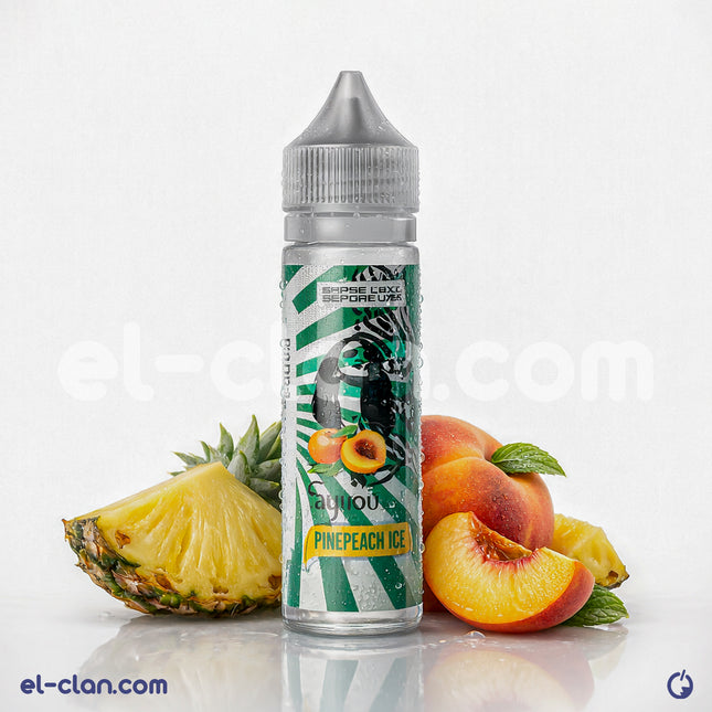 8Ball E-Juice PinePeach Ice فيب ليكويد محلي with vibrant peach, pineapple, and menthol flavors in a colorful bottle.