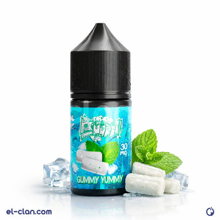 For Ca$h SaltNic Ice Gummy لبان نعناع in a vape liquid bottle from For Cash E-Juice, featuring mint-flavored gummy design.