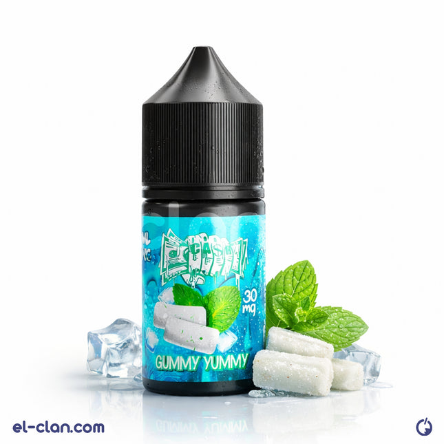 For Ca$h SaltNic Ice Gummy لبان نعناع in a vape liquid bottle from For Cash E-Juice, featuring mint-flavored gummy design.