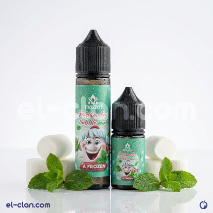 Mazaj Marshmallow Bubble Mint flavored vape in a Mazaj E-Juice bottle, featuring marshmallow and mint flavor profile.