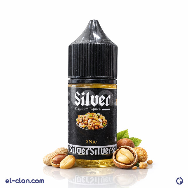 مكسرات فضية من Silver E-Liquid بنكهة فيب ليكويد محلي تظهر في الصورة.