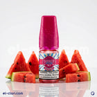 Dinner Lady SaltNic watermelon slices vape liquid in a clear bottle with colorful label, featuring watermelon imagery and Arabic text.