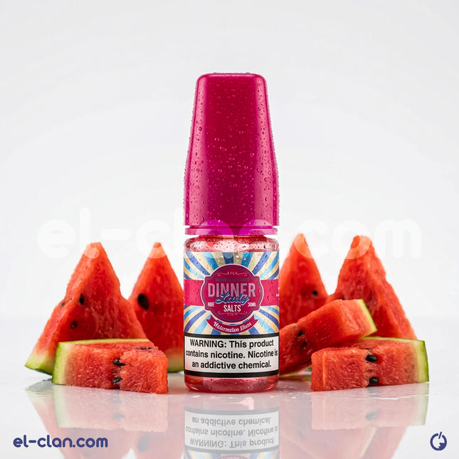Dinner Lady SaltNic watermelon slices vape liquid in a clear bottle with colorful label, featuring watermelon imagery and Arabic text.