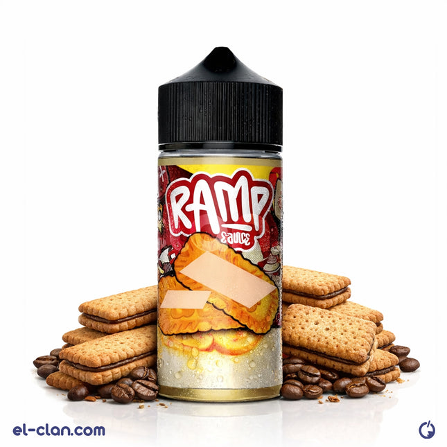 Ramp Biscuits BisCoff فيب ليكويد محلي من Ramp E-Juice, featuring a coffee biscuit flavor in a vape liquid bottle.