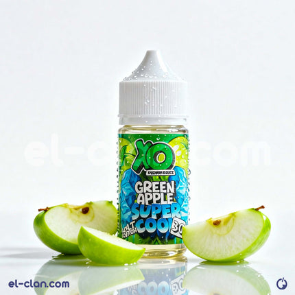 سائل ليكويد نيكوتين XO سوبربول جرين تفاح أخضر ساقع من XO E-Liquid، عبوة زجاجية واضحة مع لون أخضر فاقع