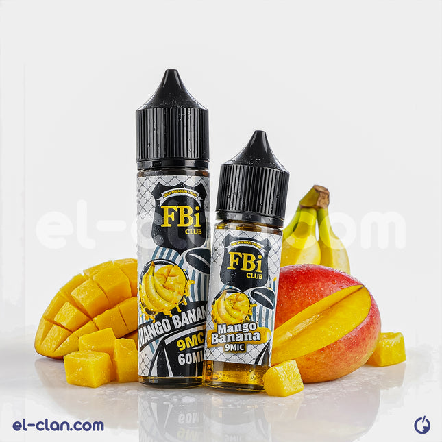 نقطة من فيب مانجو موز ساقع من FBI E-Juice، ليكويد محلي بنكهة فاكهة منعشة ومتجمدة، يظهر في الصورة زجاجة المنتج