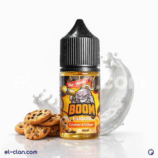 Boom Cookies Cream فيب ليكويد محلي من Boom E-Juice, يظهر زجاجة فيب بنكهات كوكيز وكريمة لتجربة نكهات مميزة.