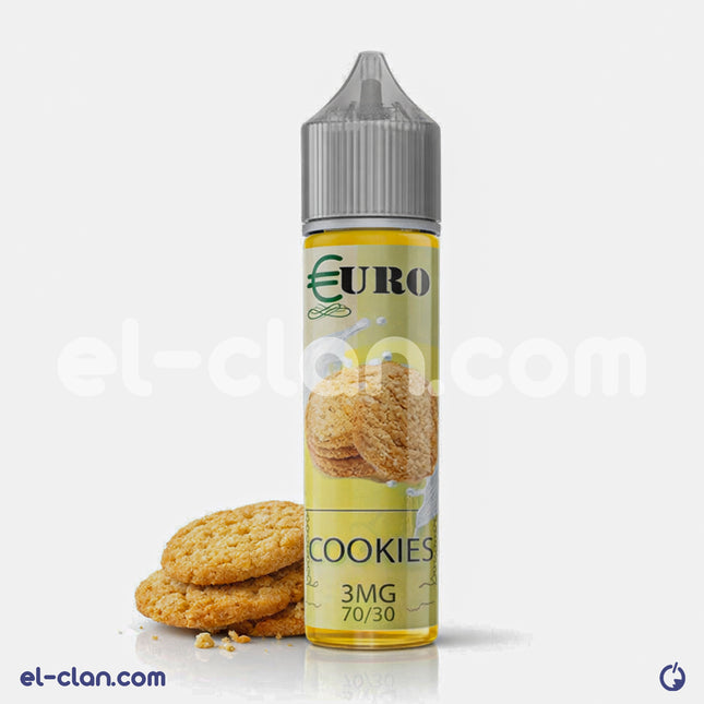 عبوة كوكيز يورو فيب ليكويد محلي من Euro E-Juice مع عبوة زجاجية واضحة وملصق يعرض المنتج