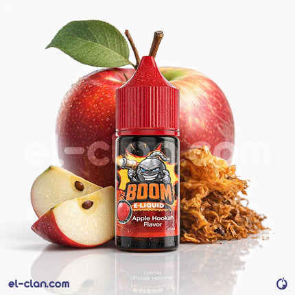 فب شيشة تفاح بوم إي-جوس مع عبوة ليكويد محلي من نوع Boom Apple Hookah تظهر في الصورة