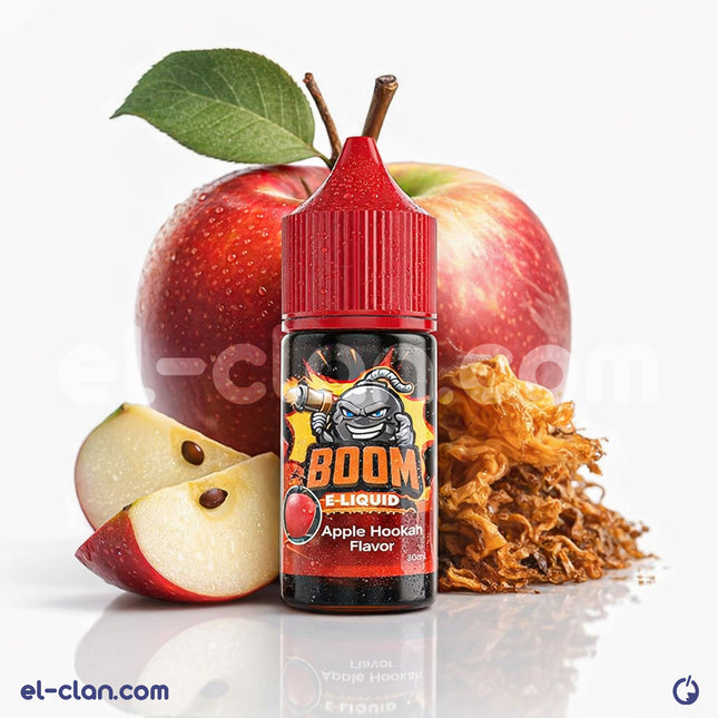 فب شيشة تفاح بوم إي-جوس مع عبوة ليكويد محلي من نوع Boom Apple Hookah تظهر في الصورة