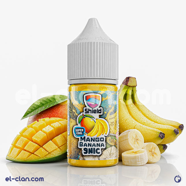 سائل فيب مانجو موز من Shield e-juice، زجاجة ليكويد محلي بنكهة مانجو موز منعشة وساخنة جدا