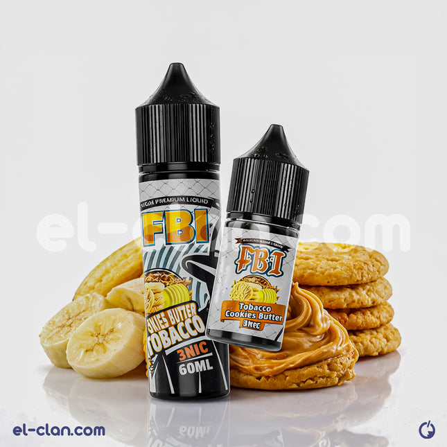 FBI E-Juice Tobacco Cookies Butter flavored vape liquid in a clear bottle with label, designed for vaping enthusiasts.