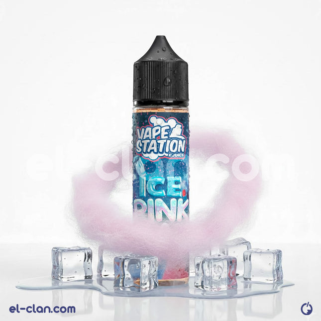 Vape Station Ice Pink Man vape liquid bottle with pink packaging and colorful candy flavor label, local e-juice for vaping.