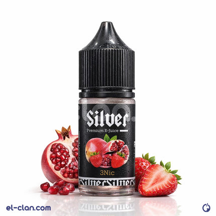 Silver E-Liquid silver pomegranate strawberry flavored vape in a local liquid Vape in a clear bottle with colorful label.