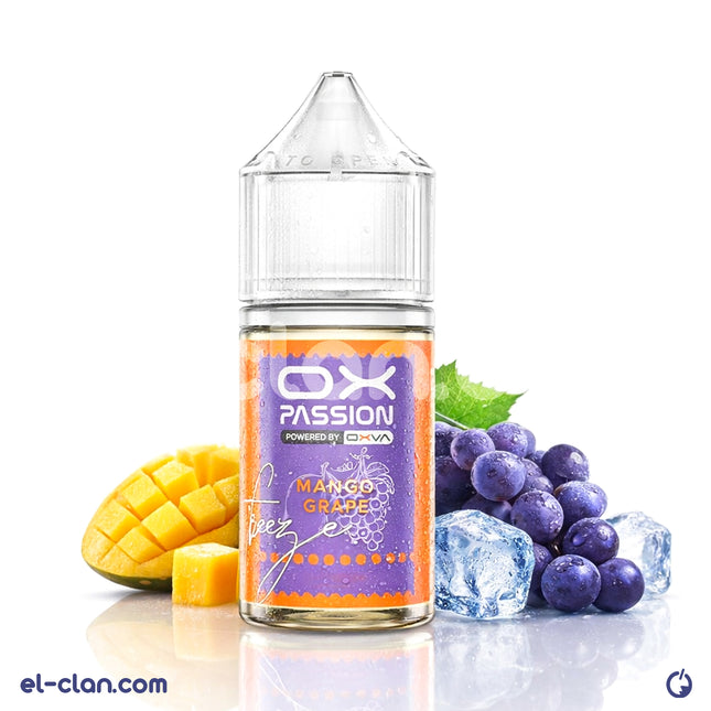 سائل فيب نيكوتين أوكس باشن سولت نيك سوبر كول مانجو عنب ساقع من ماركة أوكسا فيب مع عبوة واضحة للمذاق