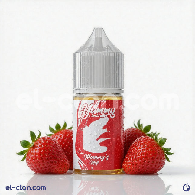 Yummy Saltnic Mommy’s Milk فيب ليكويد محلي with strawberry and milk flavor, from Yummy E-Juice, showcasing the vape liquid bottle.