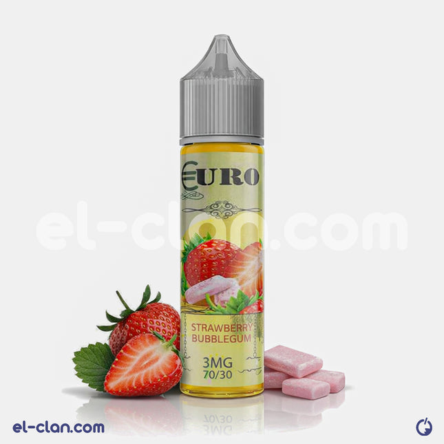 Euro E-Juice Strawberry Bubblegum flavored in vape liquid, featuring a vibrant pink bubblegum and strawberry design.