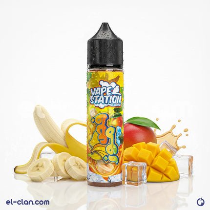 سائل فيب نكهة مانجو باردة وموز من Vape Station E-Juice، عبوة ليكويد محلي لفيب إلكتروني.