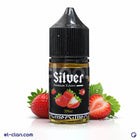 Silver E-Liquid Silver Strawberry in a clear bottle, showcasing the vibrant silver and strawberry flavor for in-vape use.
