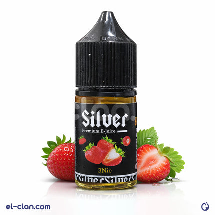 Silver E-Liquid Silver Strawberry in a clear bottle, showcasing the vibrant silver and strawberry flavor for in-vape use.
