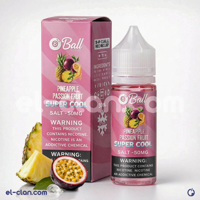 سائل فيب نيكوتين ملح برائحة أناناس وفواكه باشون فاكهية من ماركة 8Ball E-Juice، زجاجة 30 مل.