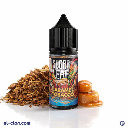 سائل فيب ليكويد فوري لذيذ بنكهة توباكو كراميل من Sugar Bear E-Juice، زجاجة واضحة مع تسمية المنتج على الملصق