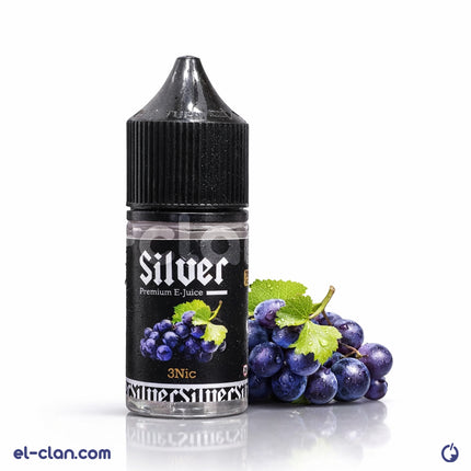 Silver Grape فيب من Silver E-Liquid، عبوة ليكويد محلي بنكهة عنب فضية مع عبوة واضحة تظهر السائل.