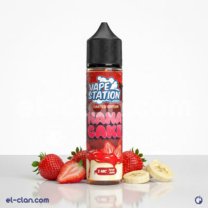 Vape Station Limited Nana Cake vape juice bottle, flavored with strawberry cheesecake for in-device vaping.