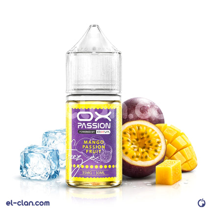 سيجارة إلكترونية فيب نيكوتين أكس فايف باسيون فواكه مانجو منعشة من ماركة OXVA، مع نكهة فاكهة المانجو والفاكهة الاستوائية.