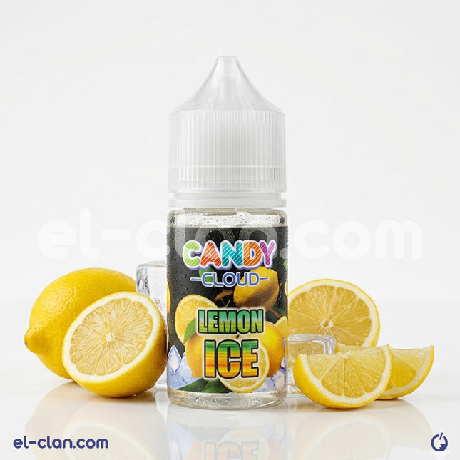 سائل فيب ليكويد ليمون ساقع من Candy Cloud E-Juice، عبوة زجاجية شفافة مع سائل أصفر ليموني وغطاء أسود