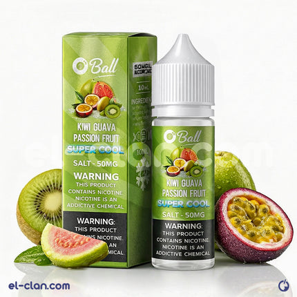 سائل فيب نيكوتين سولت فاخر بنكهة الكيوي والجوافة والفواكه الاستوائية من 8Ball E-Juice، يظهر في زجاجة واضحة.