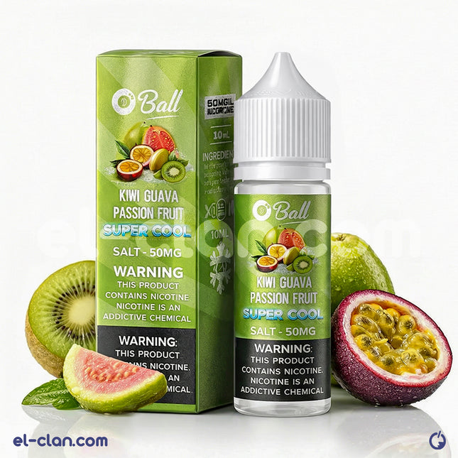 سائل فيب نيكوتين سولت فاخر بنكهة الكيوي والجوافة والفواكه الاستوائية من 8Ball E-Juice، يظهر في زجاجة واضحة.