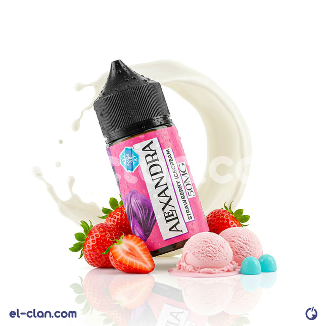 سائل فيب نيك ألكسندر ستروبيري آيس كريم من ماركة ألكسندر إي جوس، زجاجة ليكويد مالح بنكهة الفراولة والثلج.
