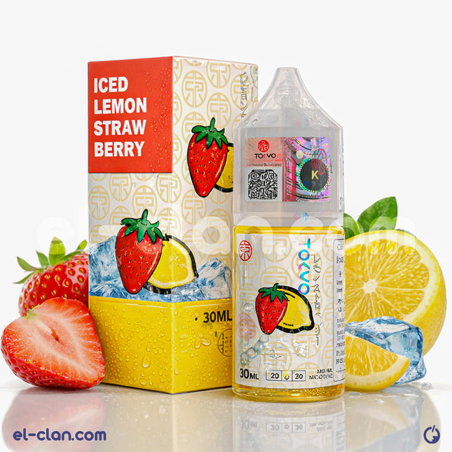 Tokyo SaltNic Iced Strawberry Berry Lemon vape juice in a clear bottle with colorful label, showcasing fresh strawberries, berries, and lemon.