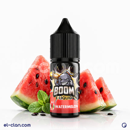 سائل فيب بنكهة بطيخ من Boom E-Juice، عبوة 30 مل، يظهر في الصورة زجاجة سائل فيب بنكهة البطيخ الأخضر الحلو