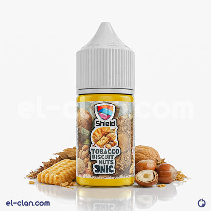 بلاطة فيب نيكوتين توباكو بسكويت مكسرات من Shield e-juice، عبوة ليكويد محلي بنكهة التوباكو والبسكويت والمكسرات