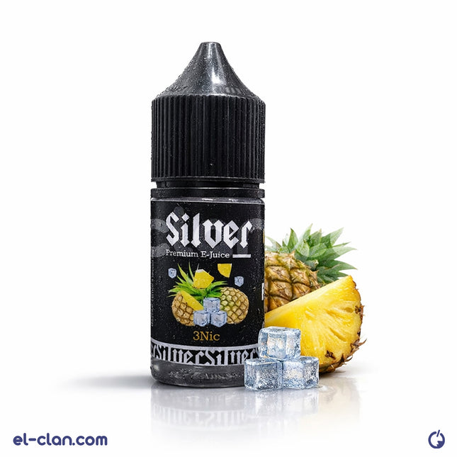 Silver Ice Fayrouz اناناس ساقع in a Silver E-Liquid bottle, showcasing a vibrant, tropical pineapple flavor vapor.