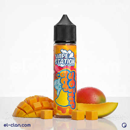Vape Station Ice Mango inebriating vape juice bottle with vibrant mango and icy blue design, for use with vape devices.