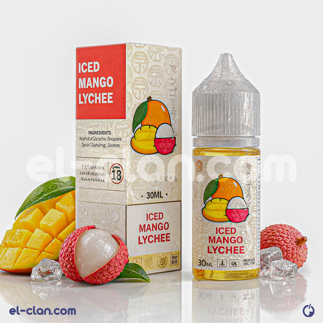 Tokyo SaltNic Iced Mango Lychee vape liquid in a bottle with the label visible, showcasing the flavor and packaging.