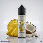 Mazaj شويبس جولد فيب ليكويد محلي من Mazaj E-Juice, يظهر عبوة فيب سائل ذهبي مع عبوة زجاجية وعبوة بلاستيكية.