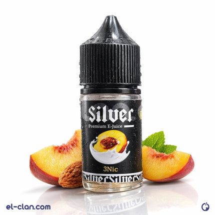 Silver Peach Yogurt فيب - ليكويد محلي e-liquid with a silver and peach flavor, featuring vibrant fruit and creamy yogurt visuals.