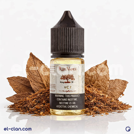 سائل ليكويد فيب نيكوتين ملح توباكو من RIPE VAPES، عبوة زجاجية واضحة تظهر مع طابع توباكو طبيعي.