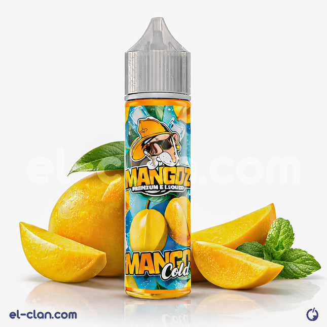 ساقي مانجو من ماركة Mangoz E-Juice، فيب ليكويد محلي بنكهة مانجو منعشة في زجاجة واضحة.