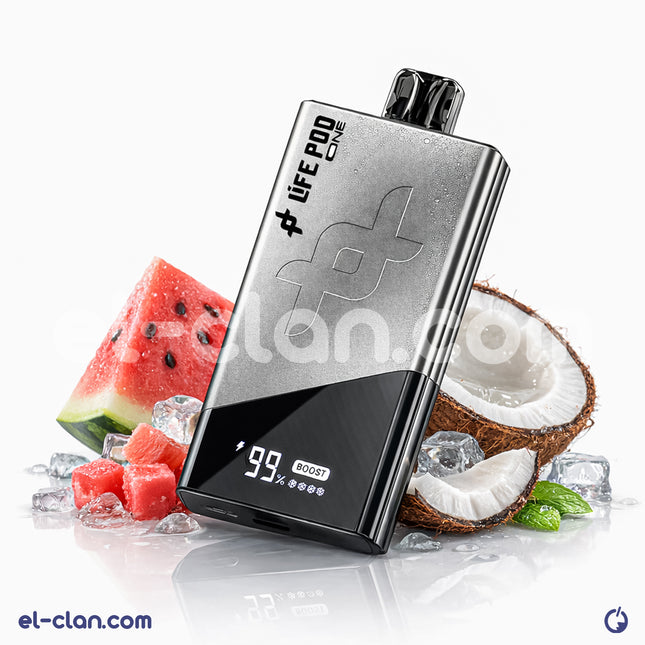 مشروب فيب بارد من Life Pod بنكهة جوز الهند والبطيخ، عبوة ديسبوسبل للاستخدام السهل والتبريد الفوري