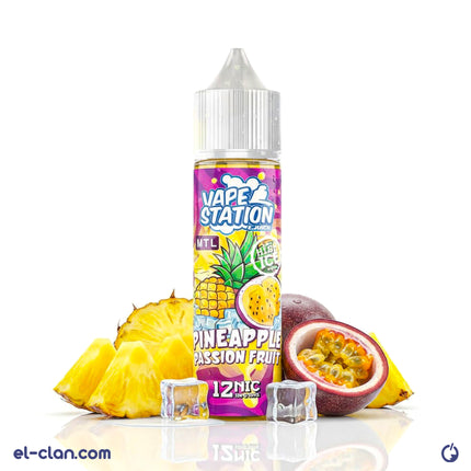 Vape Station E-Juice فيب ليكويد محلي بنكهة فاكهة العاطفة والكيوا والجوافة، يظهر عبوة السائل مع زجاجة وملعقة قياس