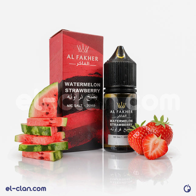 AL Fakher E-Juice Watermelon Strawberry vape liquid in a sleek bottle with vibrant fruit graphics.