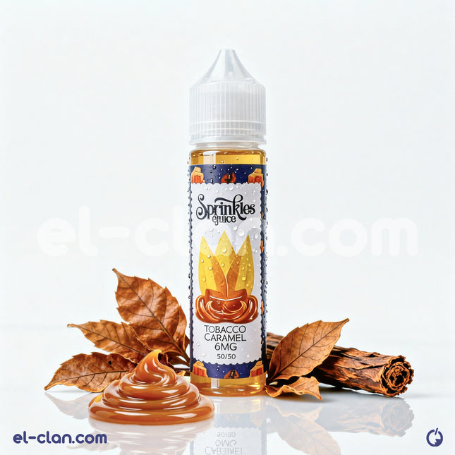 Sprinkles E-juice Tobacco Caramel flavor in a local liquid vape in a clear bottle, showcasing the caramel and tobacco blend.