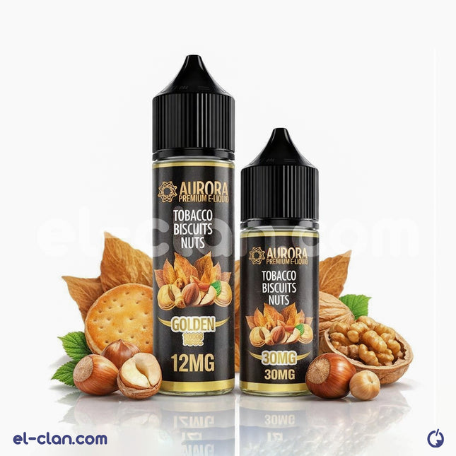 Aurora Golden Ray tobacco biscuit e-liquid with nuts in a sleek bottle, showcasing the vibrant design and flavor notes.