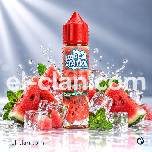 سلسلة فيب ستيشن ريد رين بطيخ مع ليكويد محلي من Vape Station E-Juice يظهر عبوة فيب بطيخ حمراء.