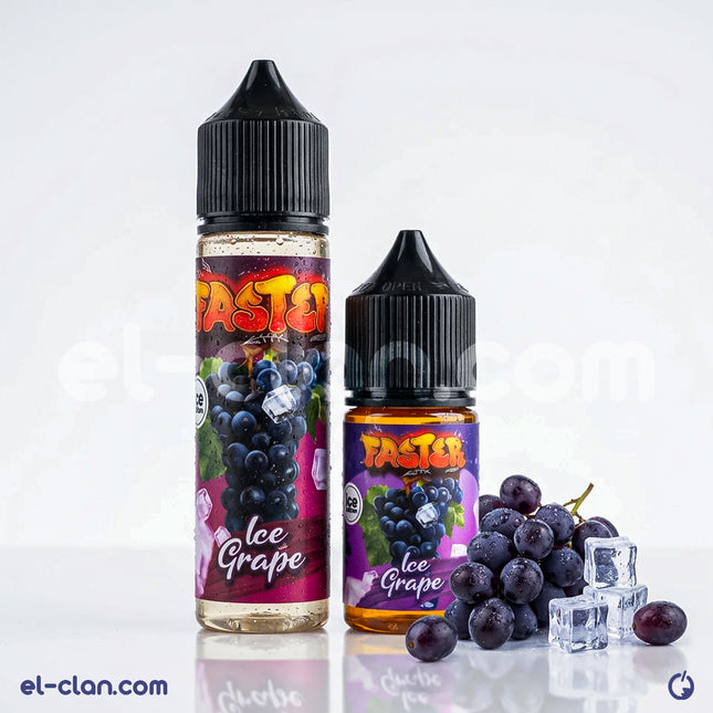 Faster Ice Grape flavored e-liquid bottle from Faster E-Juice, featuring vibrant grape imagery and clear labeling.